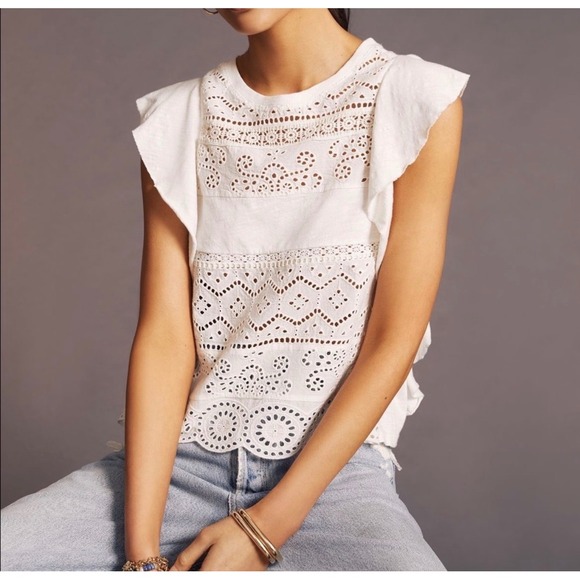 Anthropologie Tops - Anthropologie 100% Cotton Lace Boho Coquette Blouse Ruffle Cottagecore Top M